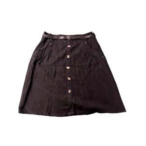 Black Linen Polyester Belted Skirt with Pockets Button Front Skirt